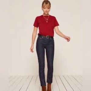 REFORMATION Dark Wash Mid Rise Slim Straight Denim Volta Button Fly Non Stretch